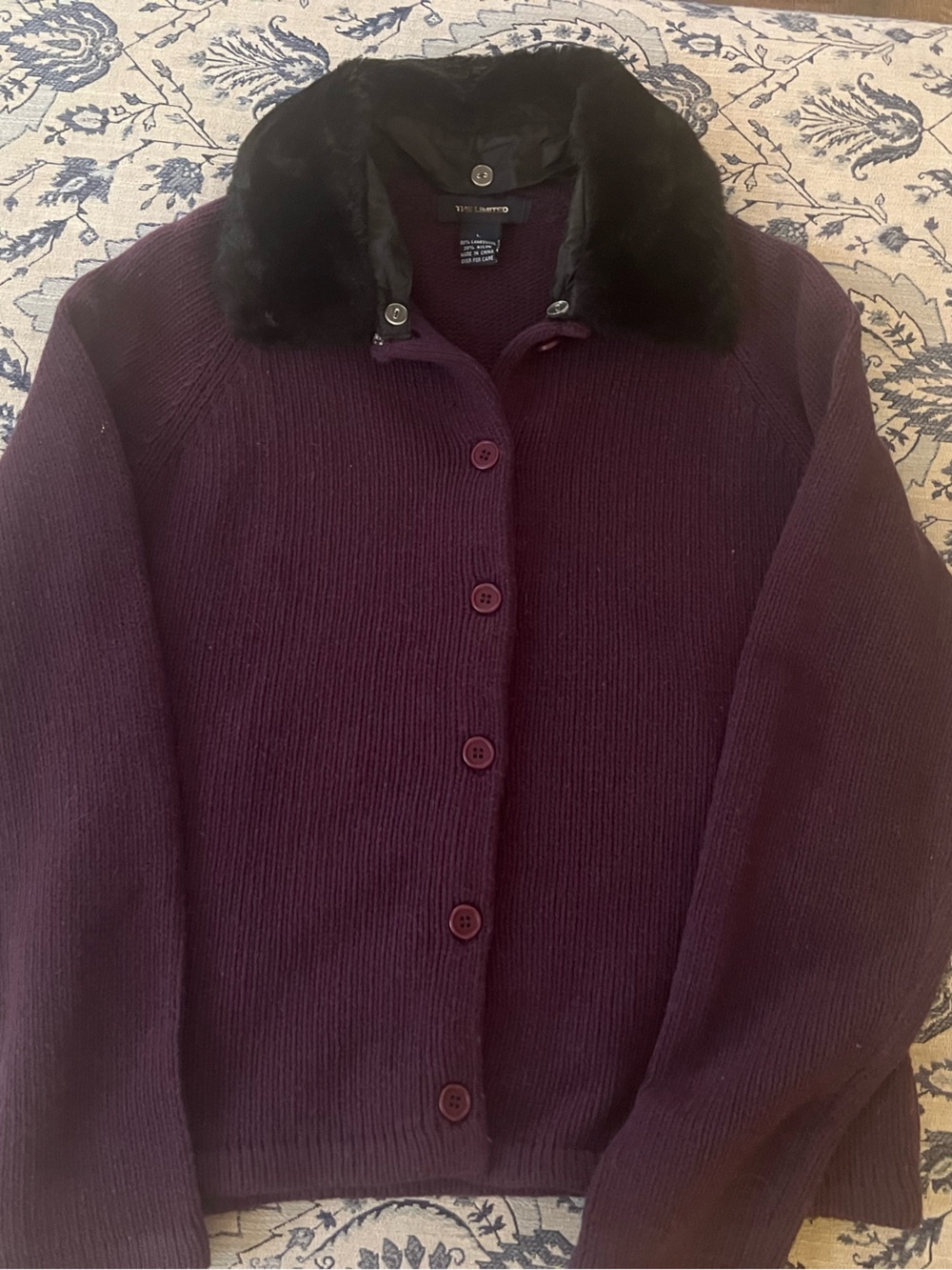 vintage The Limited purple cardigan sweater w/faux fur removable collar sz L